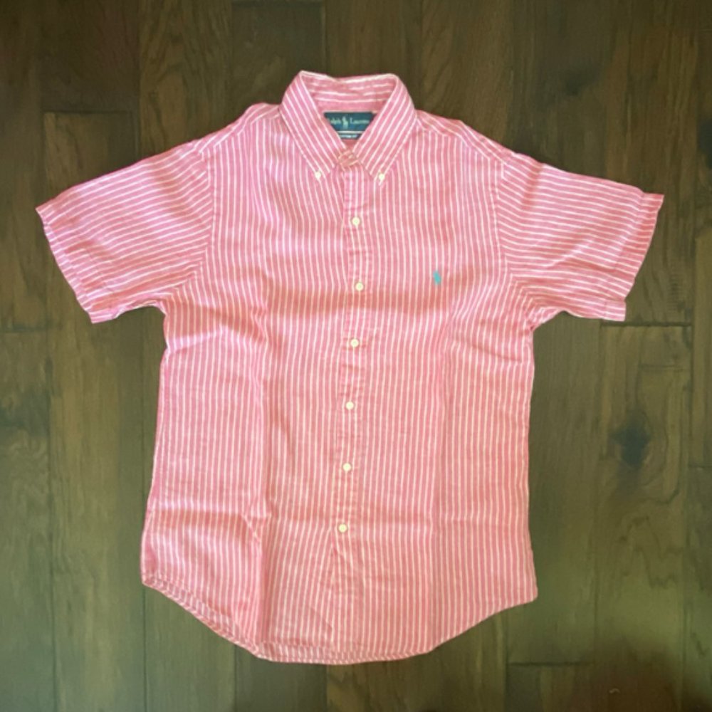 Polo Ralph Lauren Men's New Pink With White Stripes Linen Shirt Size Med